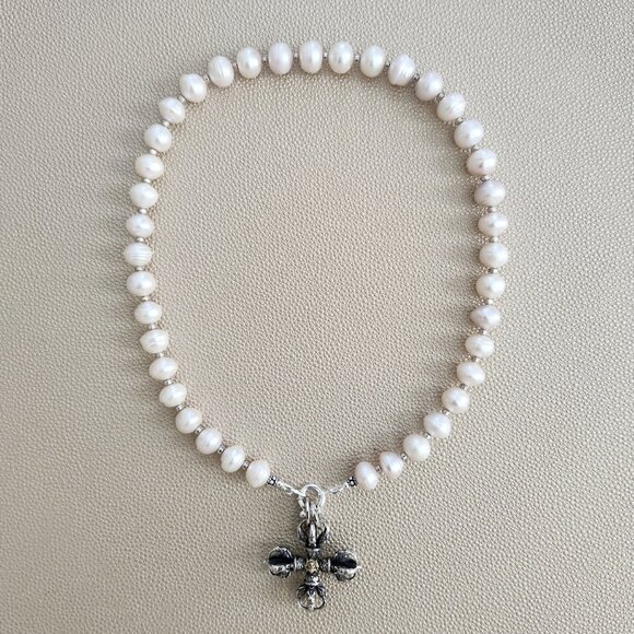 EDISON FRESHWATER PEARL NECKLACE W/ 925 DORJE/CROSS--18" - Picture 2 of 2